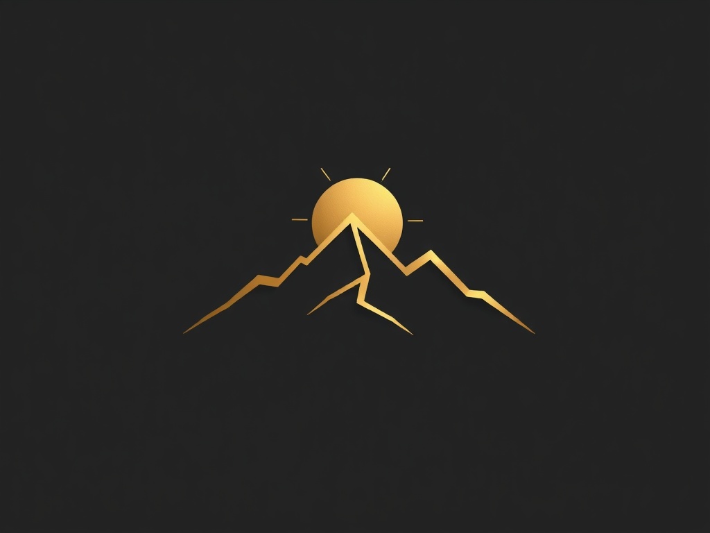 Minimalist abstract shape of a stylized mountain and sun, clean lines, matte gold on dark grey background, photorealistic, 8k, commercial product shot
